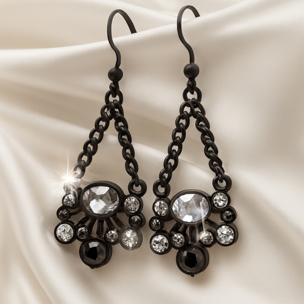 Bold Triangle Earrings – Black & Crystal Rhinestones - Matte Chain Detail, 2.25"
